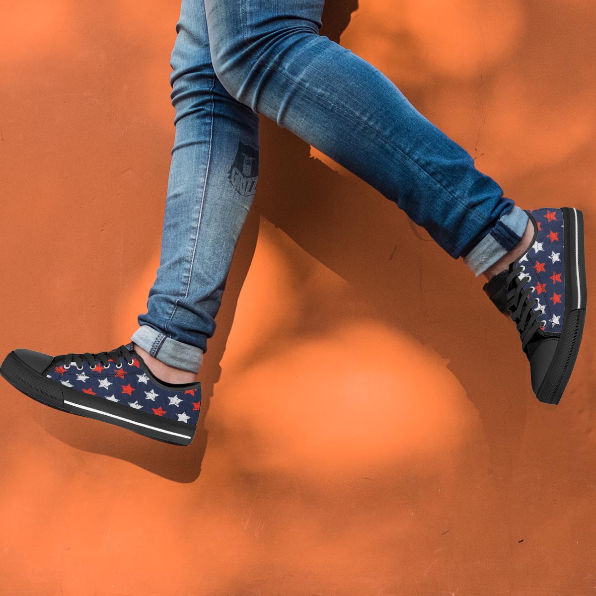 USA Star Blue And Red Print Pattern Black Low Top Shoes-grizzshop