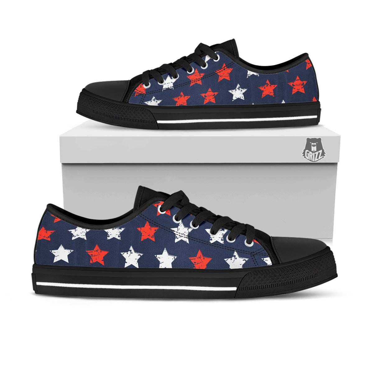 USA Star Blue And Red Print Pattern Black Low Top Shoes-grizzshop