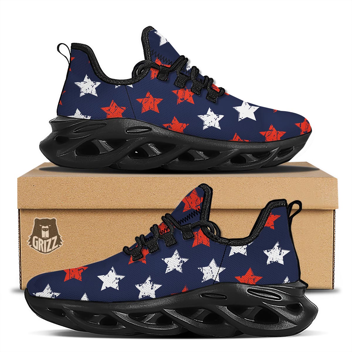 USA Star Blue And Red Print Pattern Black Running Shoes-grizzshop