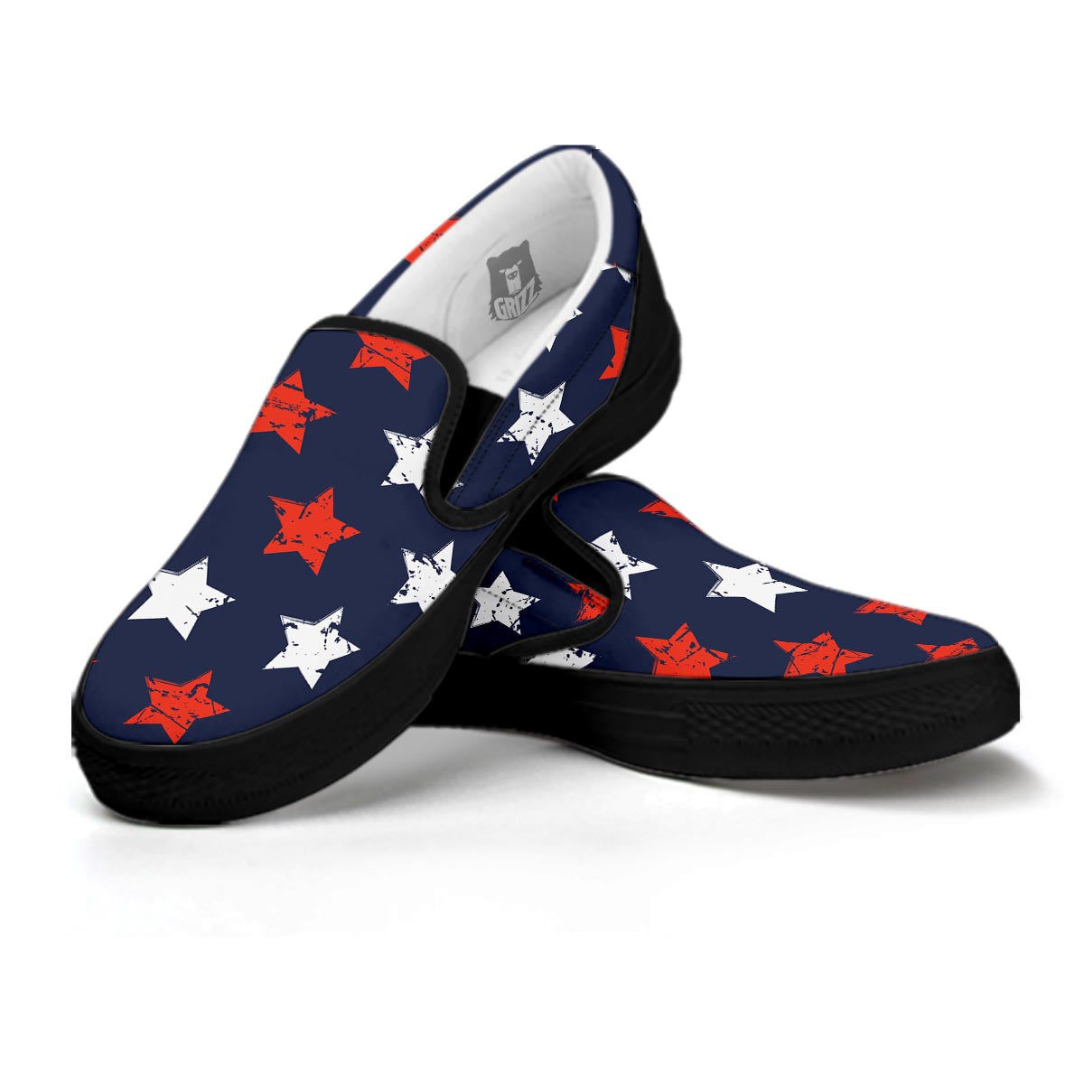 USA Star Blue And Red Print Pattern Black Slip On Shoes-grizzshop