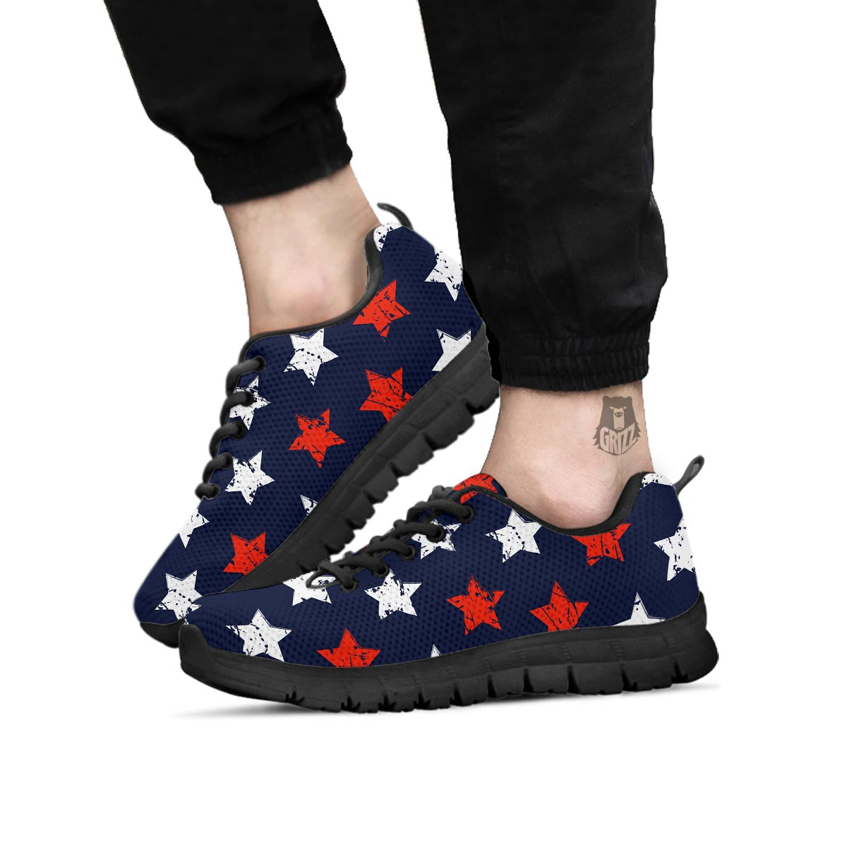 USA Star Blue And Red Print Pattern Black Sneaker-grizzshop