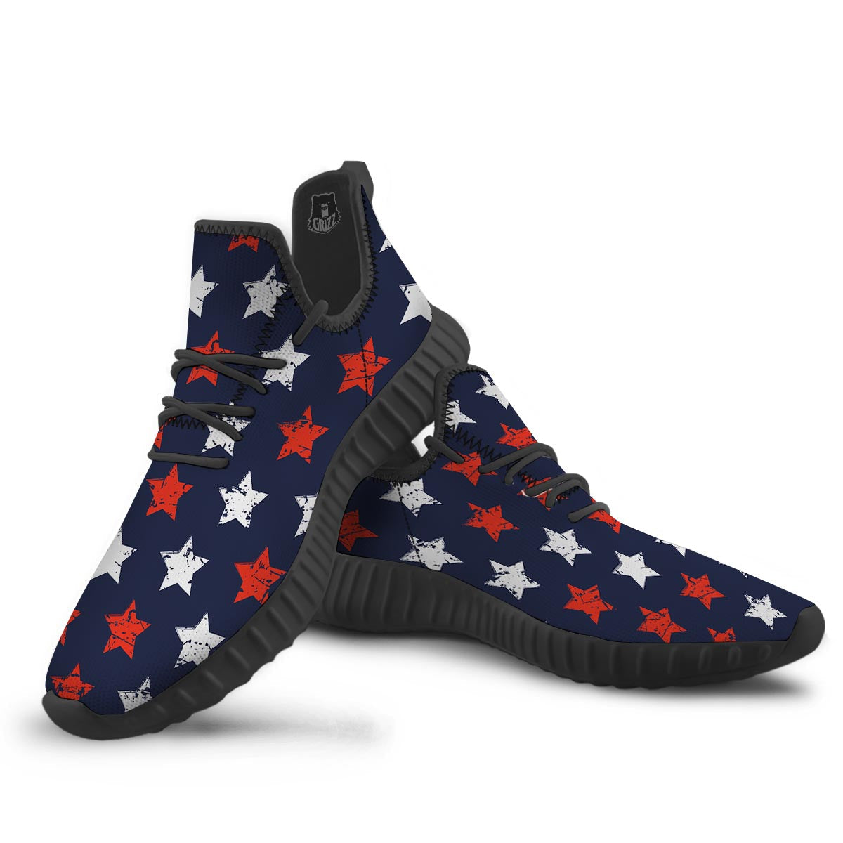 USA Star Blue And Red Print Pattern Black Walking Shoes-grizzshop