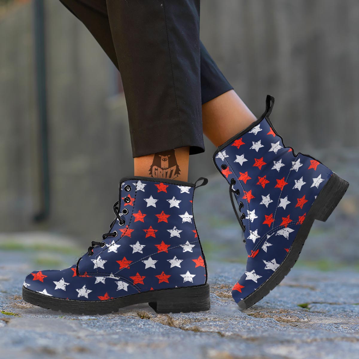 USA Star Blue And Red Print Pattern Leather Boots-grizzshop