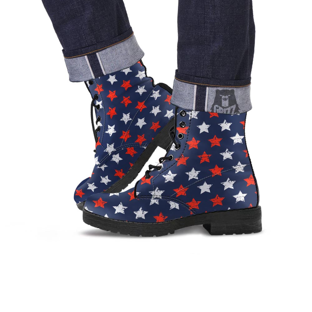 USA Star Blue And Red Print Pattern Leather Boots-grizzshop