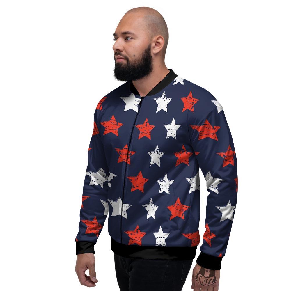 USA Star Blue And Red Print Pattern Men's Bomber Jacket-grizzshop