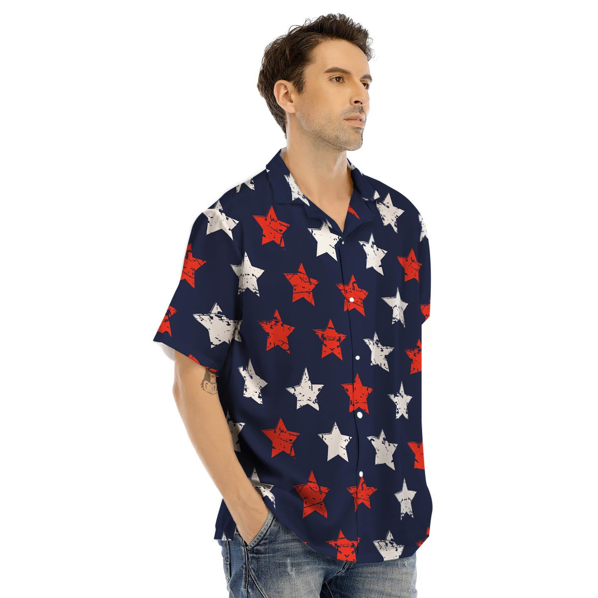 USA Star Blue And Red Print Pattern Men's Hawaiian Shirt-grizzshop