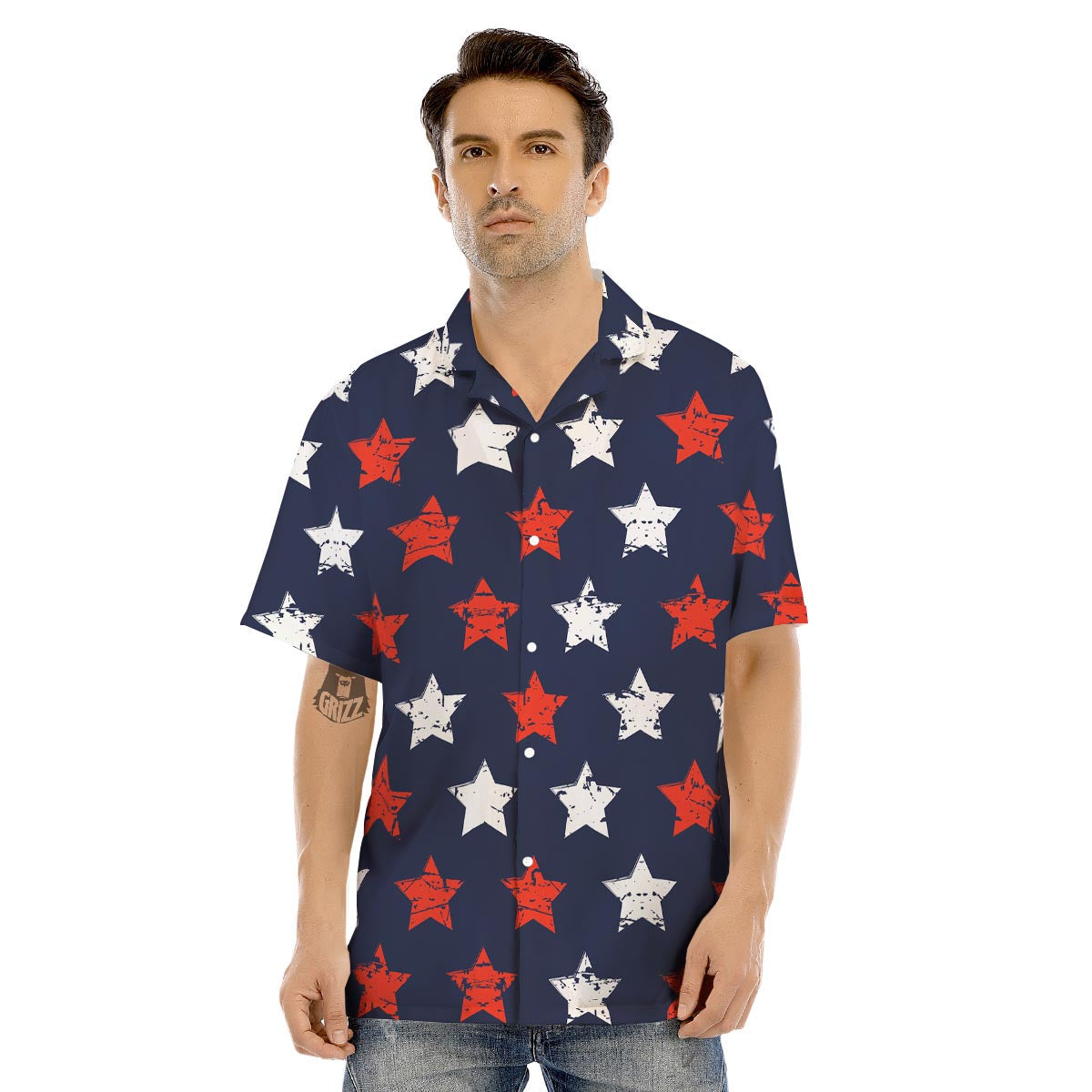 USA Star Blue And Red Print Pattern Men's Hawaiian Shirt-grizzshop