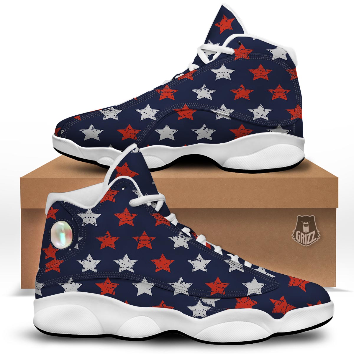 USA Star Blue And Red Print Pattern White Basketball Shoes-grizzshop