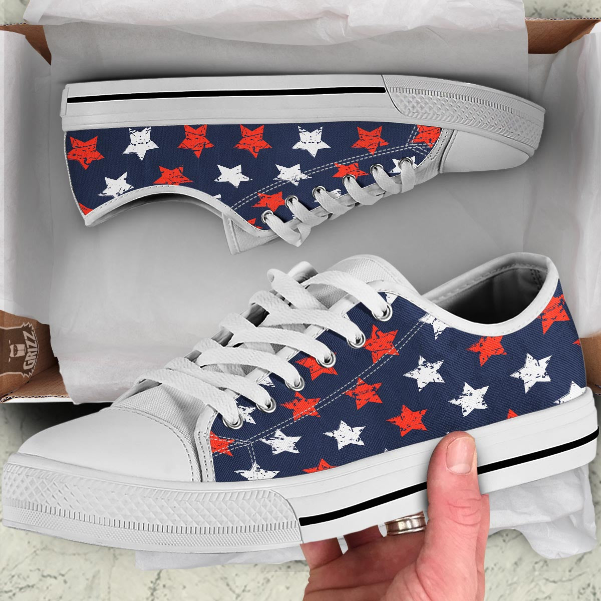 USA Star Blue And Red Print Pattern White Low Top Shoes-grizzshop