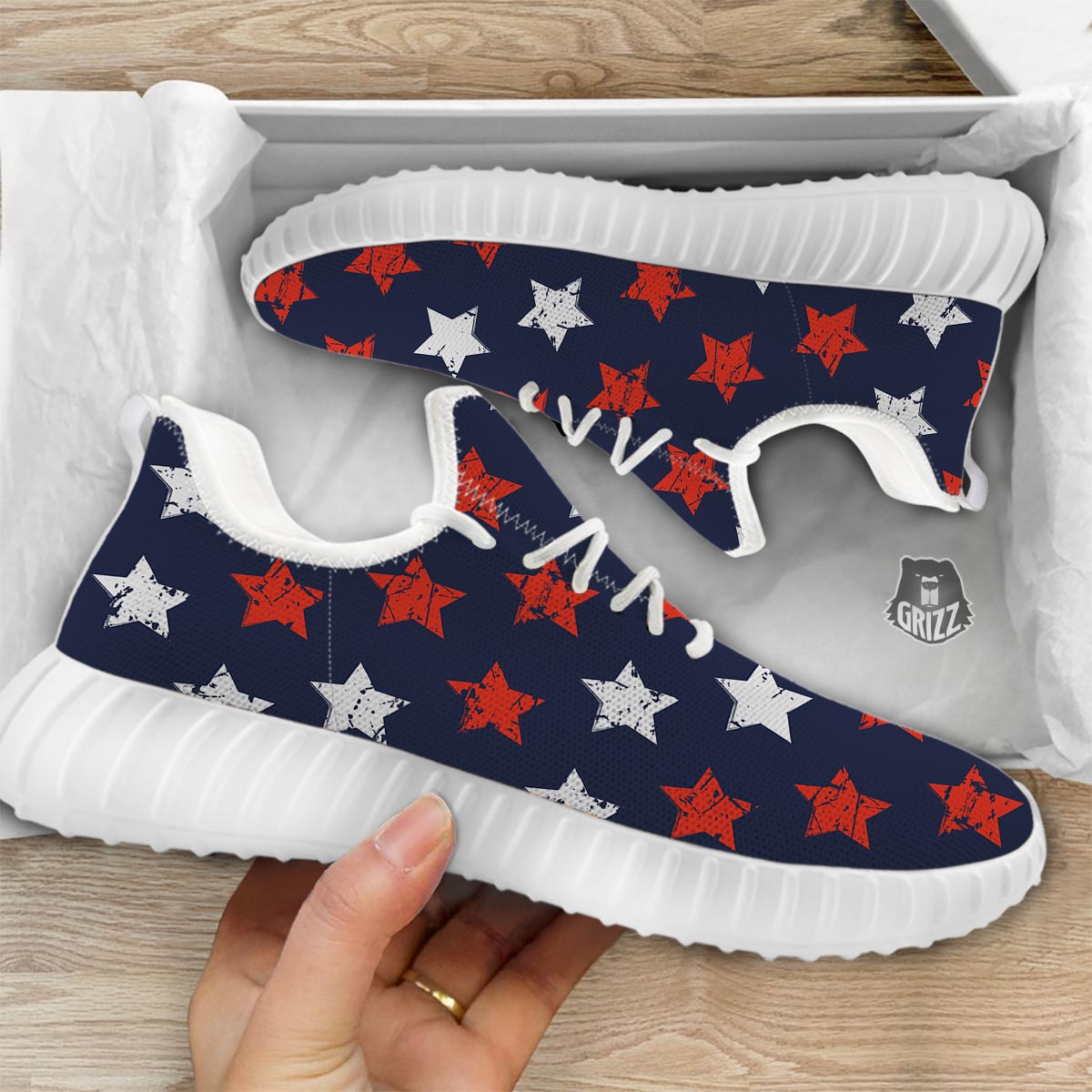 USA Star Blue And Red Print Pattern White Walking Shoes-grizzshop