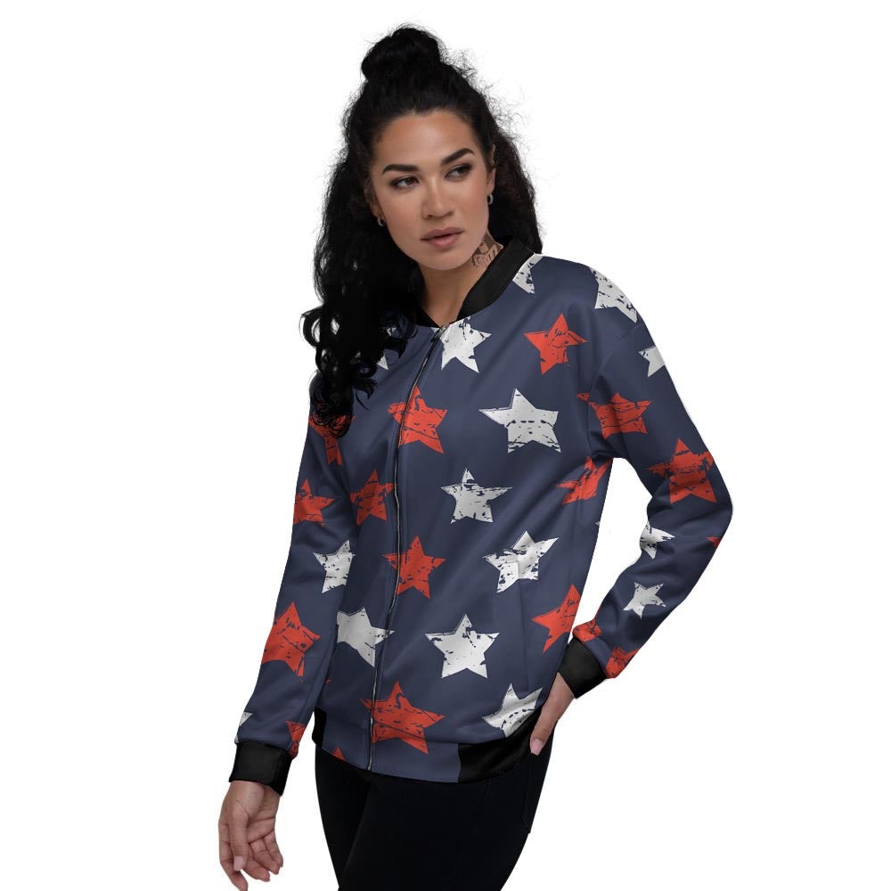 USA Star Blue And Red Print Pattern Women's Bomber Jacket-grizzshop