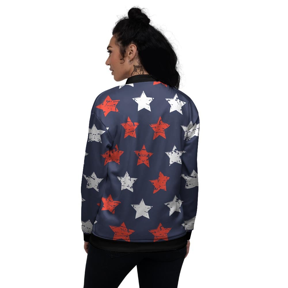 USA Star Blue And Red Print Pattern Women's Bomber Jacket-grizzshop