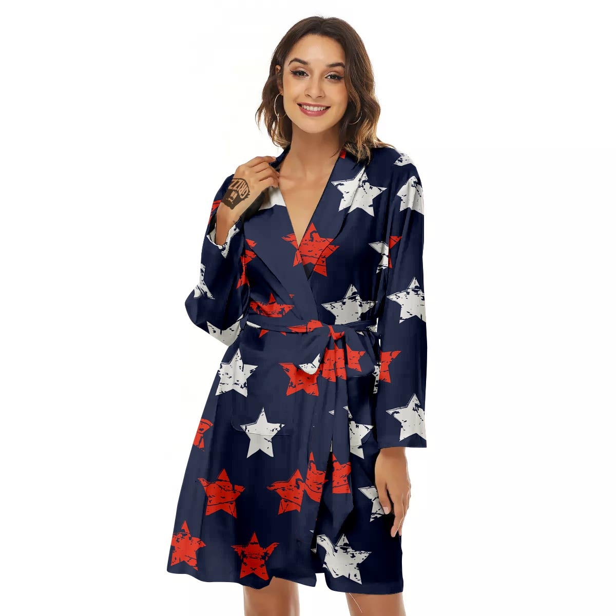 USA Star Blue And Red Print Pattern Women's Robe-grizzshop