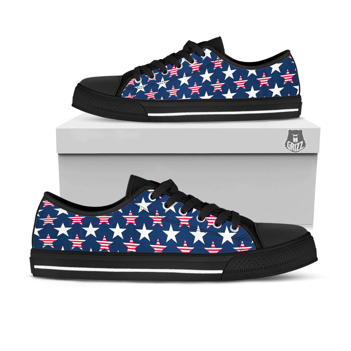 USA Star Fourth of July Print Pattern Black Low Top Shoes-grizzshop