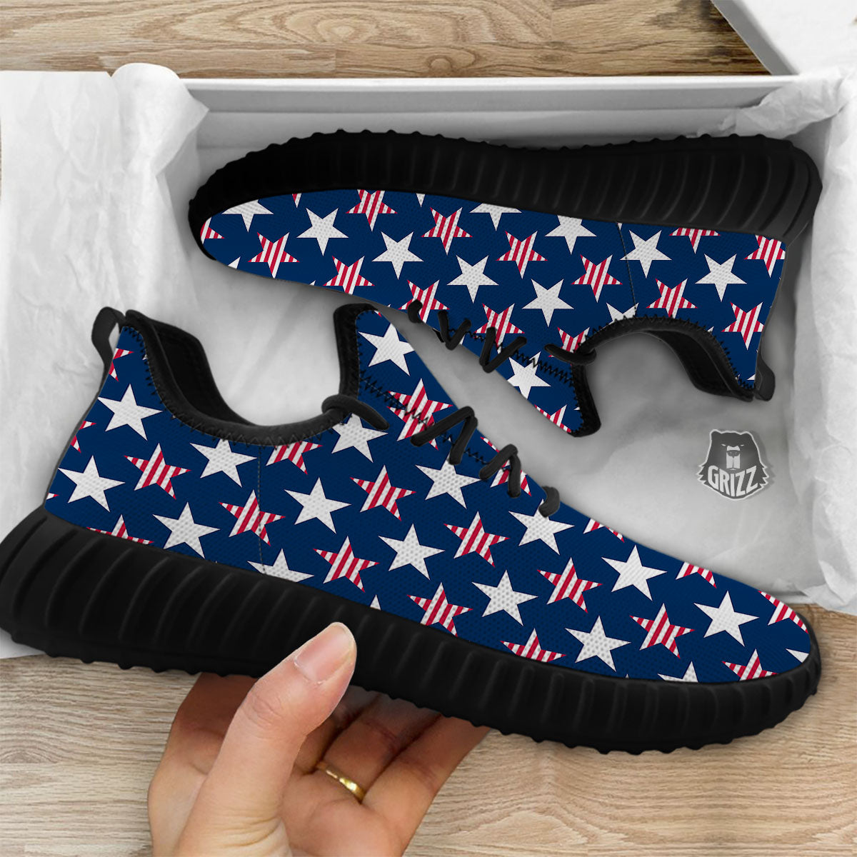 USA Star Fourth of July Print Pattern Black Walking Shoes-grizzshop