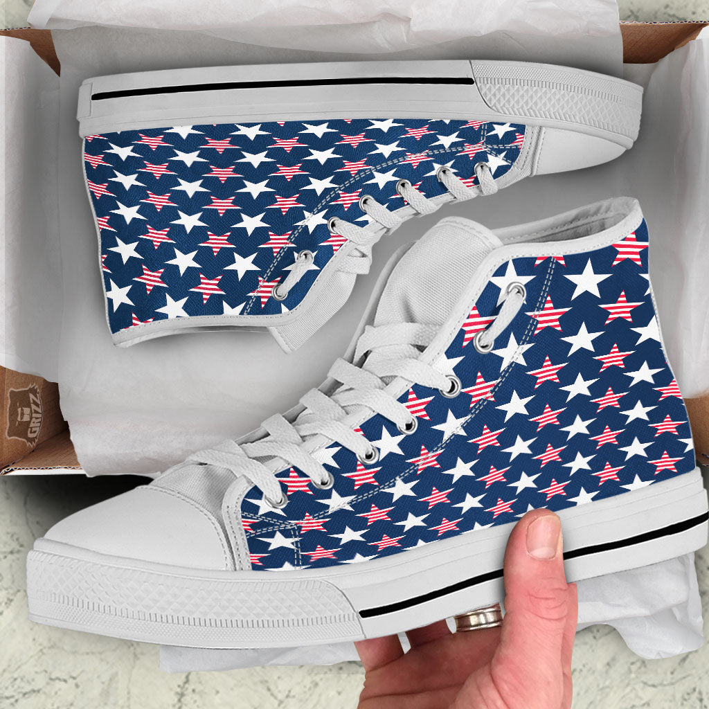 USA Star Fourth of July Print Pattern White High Top Shoes-grizzshop