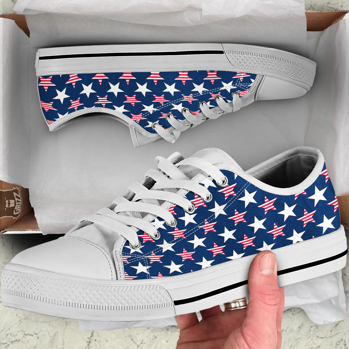 USA Star Fourth of July Print Pattern White Low Top Shoes-grizzshop