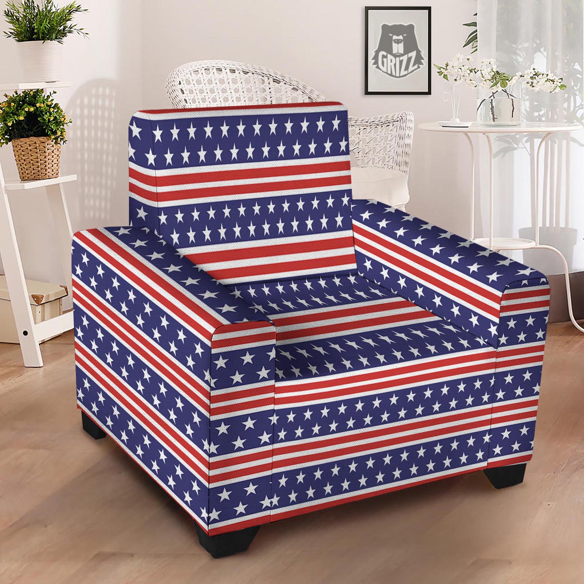 USA Star Red Striped Print Pattern Armchair Slipcover-grizzshop