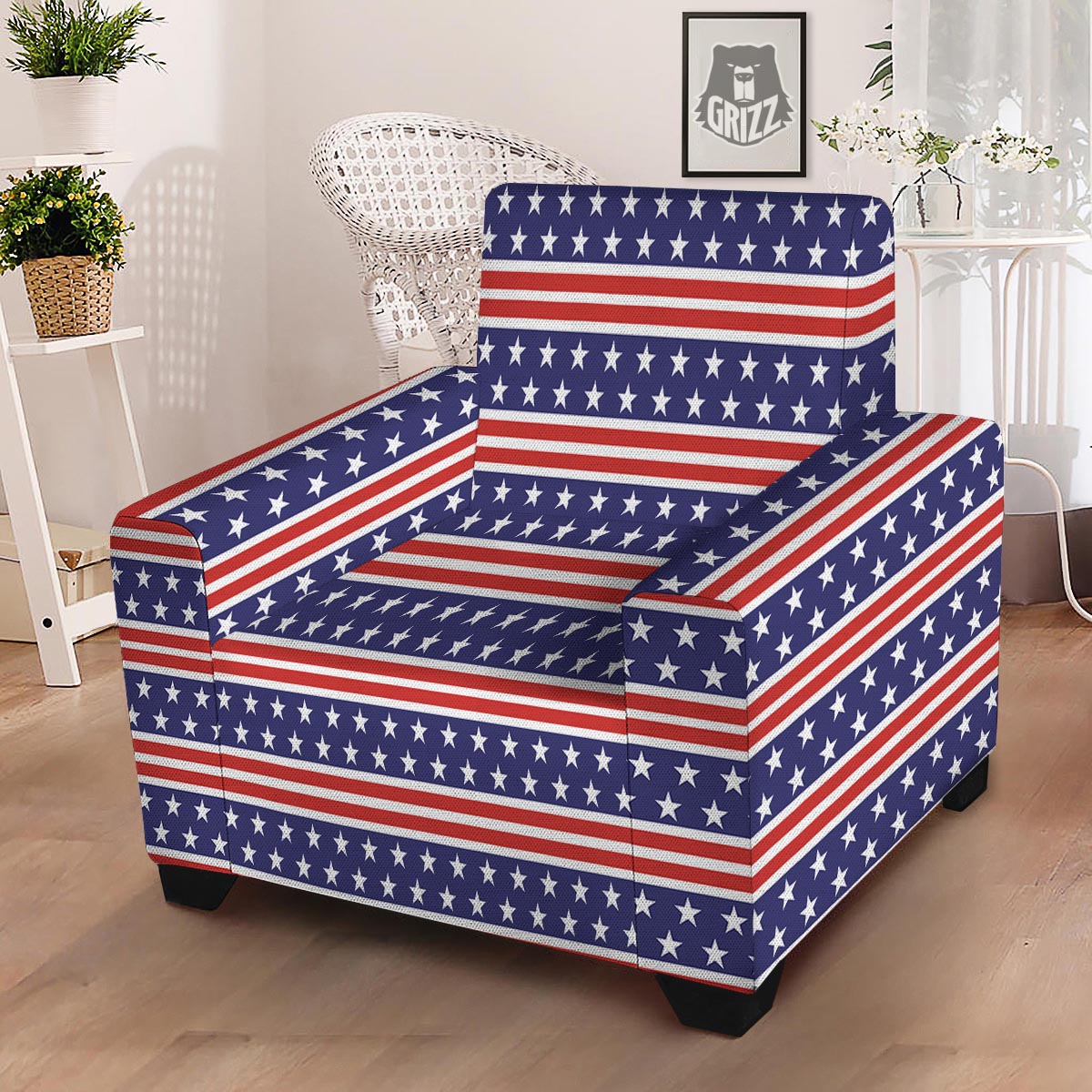 USA Star Red Striped Print Pattern Armchair Slipcover-grizzshop