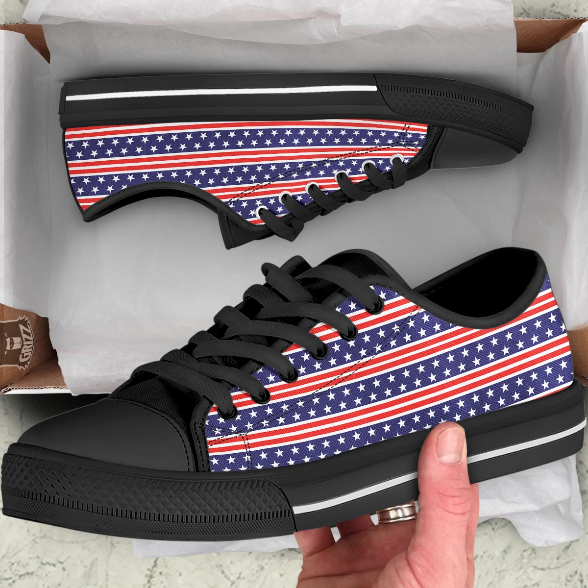 USA Star Red Striped Print Pattern Black Low Top Shoes-grizzshop