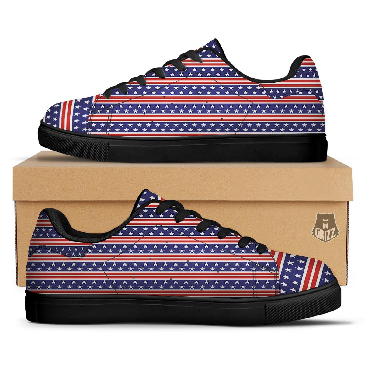 USA Star Red Striped Print Pattern Black Low Top Sneakers-grizzshop