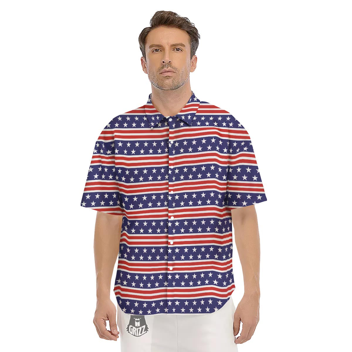 USA Star Red Striped Print Pattern Men's Short Sleeve Shirts-grizzshop