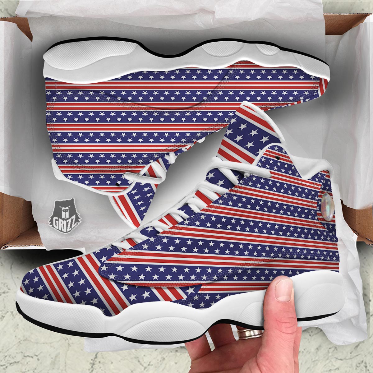 USA Star Red Striped Print Pattern White Basketball Shoes-grizzshop