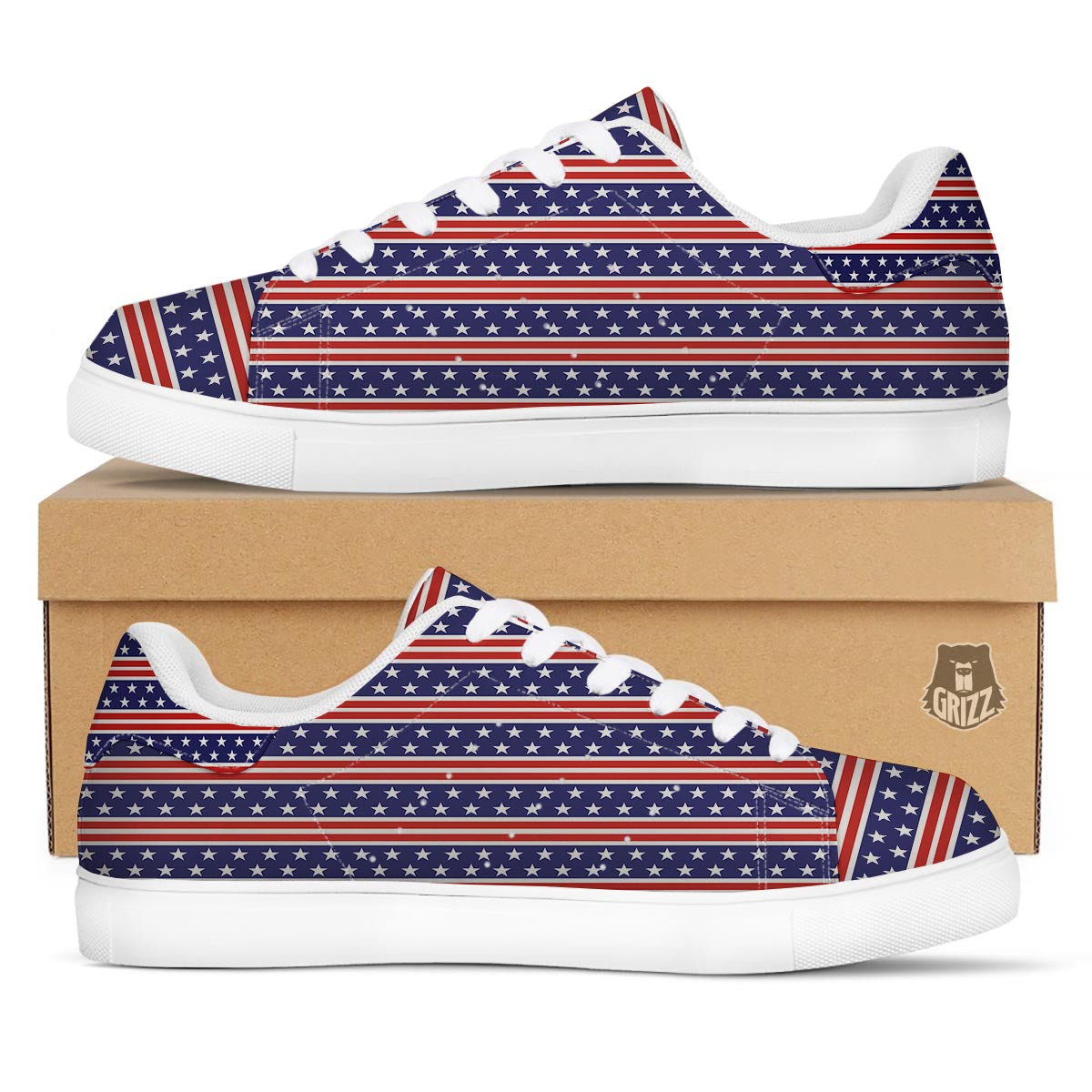 USA Star Red Striped Print Pattern White Low Top Sneakers-grizzshop