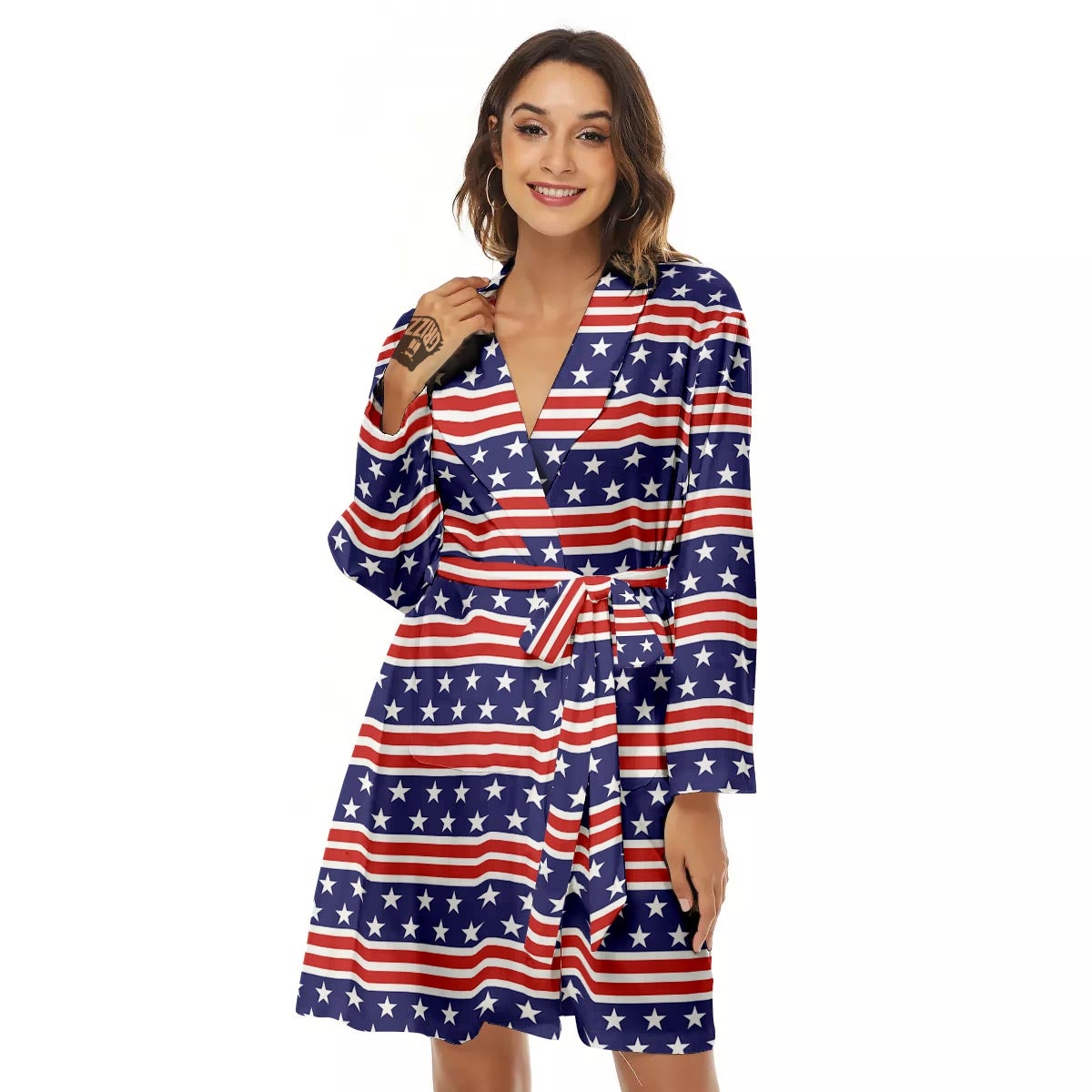 USA Star Red Striped Print Pattern Women's Robe-grizzshop