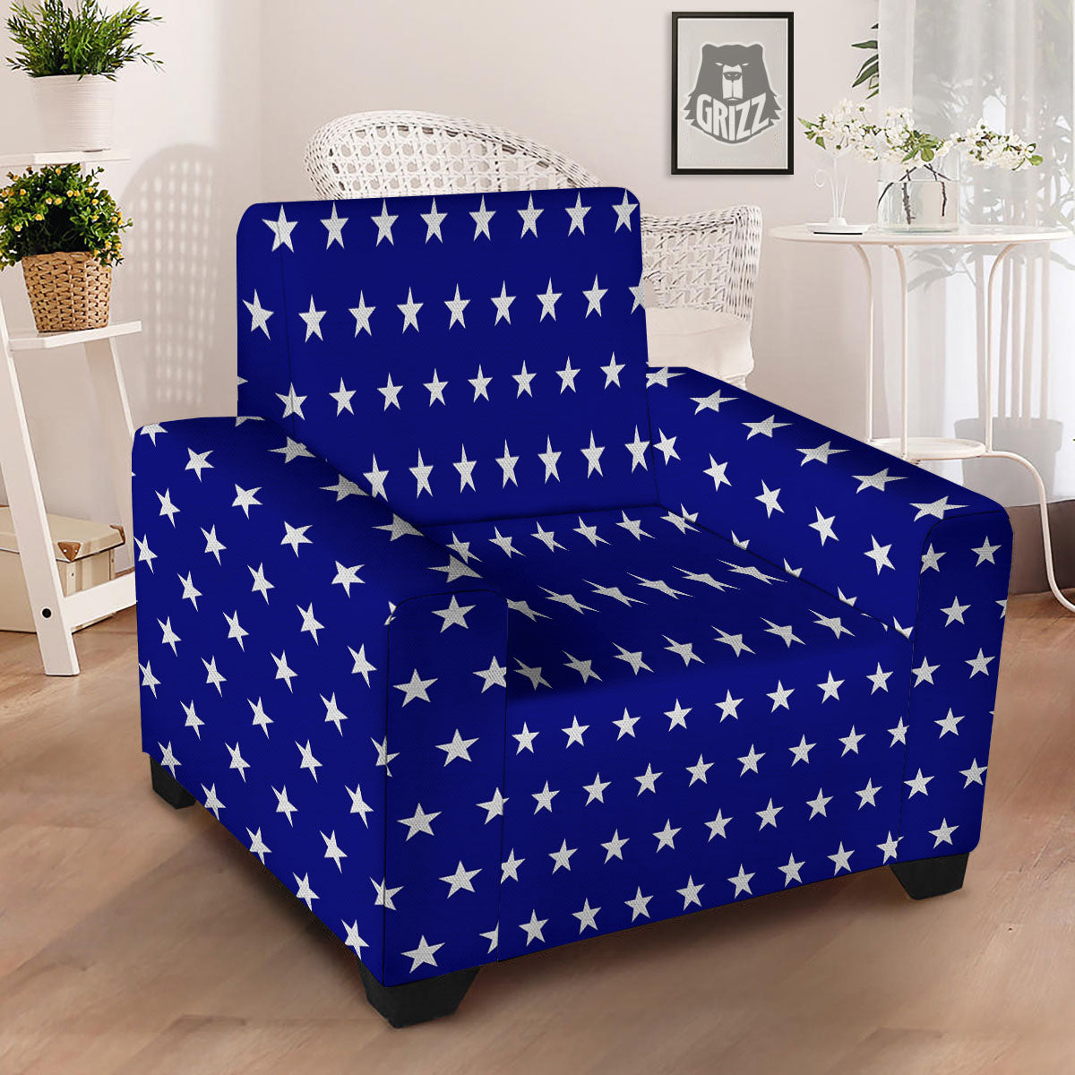 USA Star White And Blue Print Pattern Armchair Slipcover-grizzshop