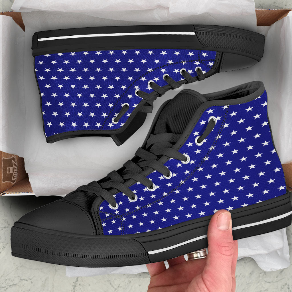 USA Star White And Blue Print Pattern Black High Top Shoes-grizzshop