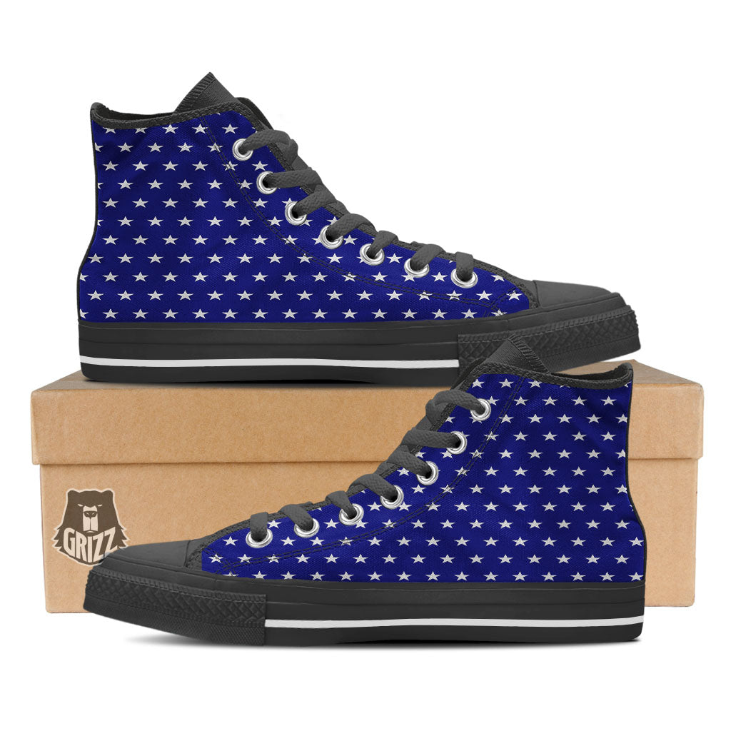 USA Star White And Blue Print Pattern Black High Top Shoes-grizzshop