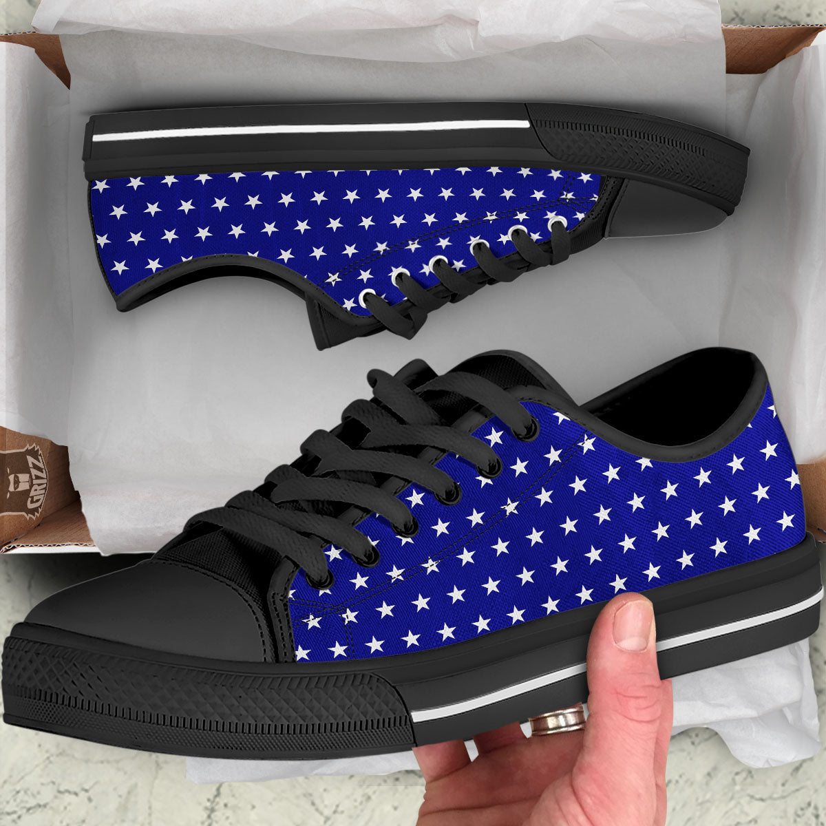 USA Star White And Blue Print Pattern Black Low Top Shoes-grizzshop