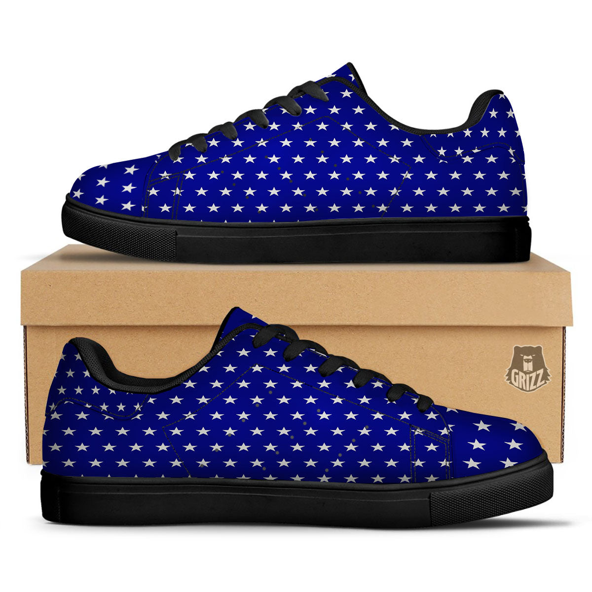 USA Star White And Blue Print Pattern Black Low Top Sneakers-grizzshop