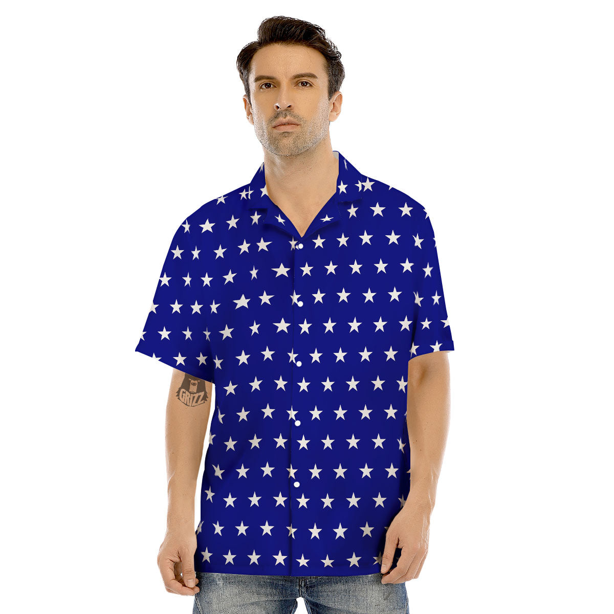 USA Star White And Blue Print Pattern Men's Hawaiian Shirt-grizzshop