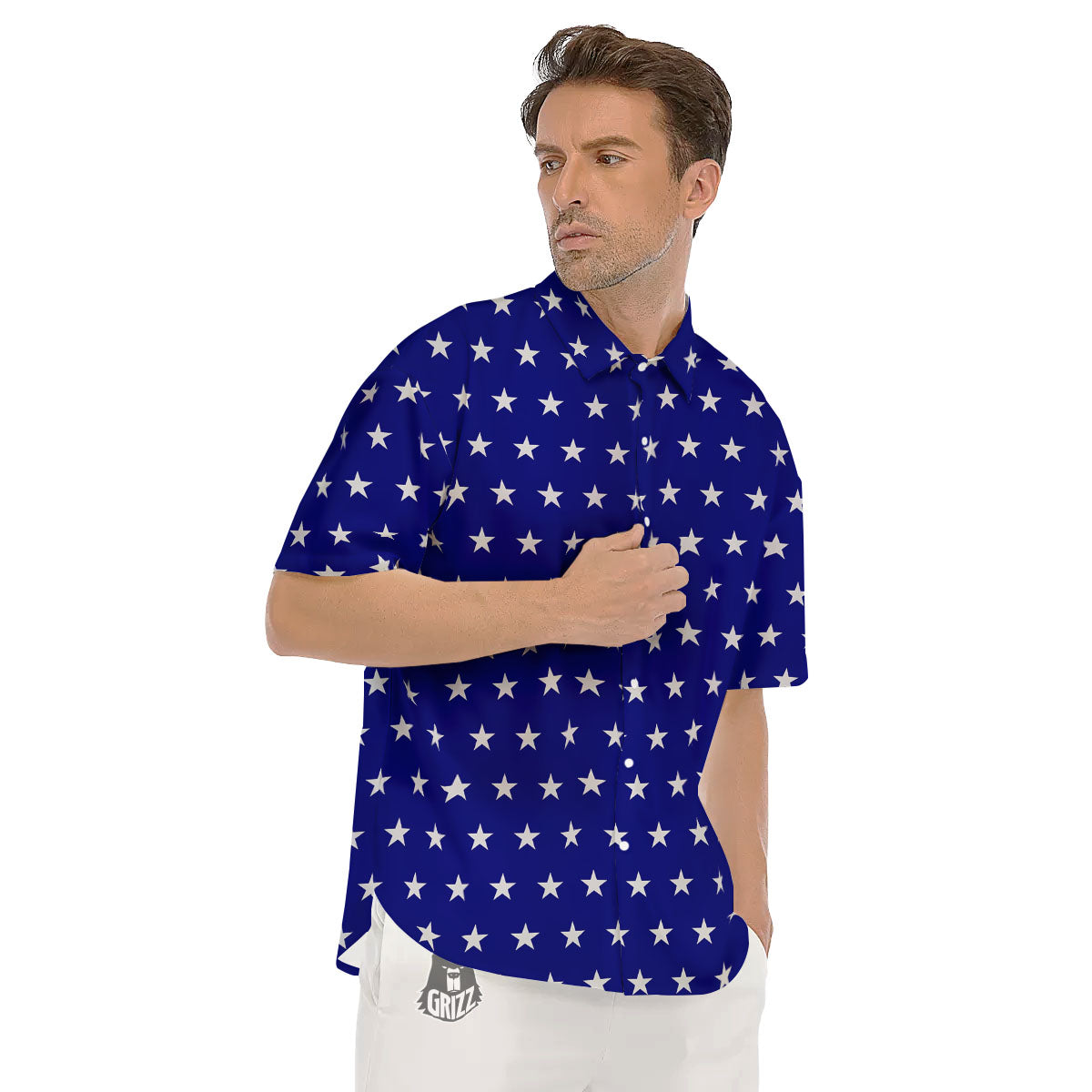 USA Star White And Blue Print Pattern Men's Short Sleeve Shirts-grizzshop