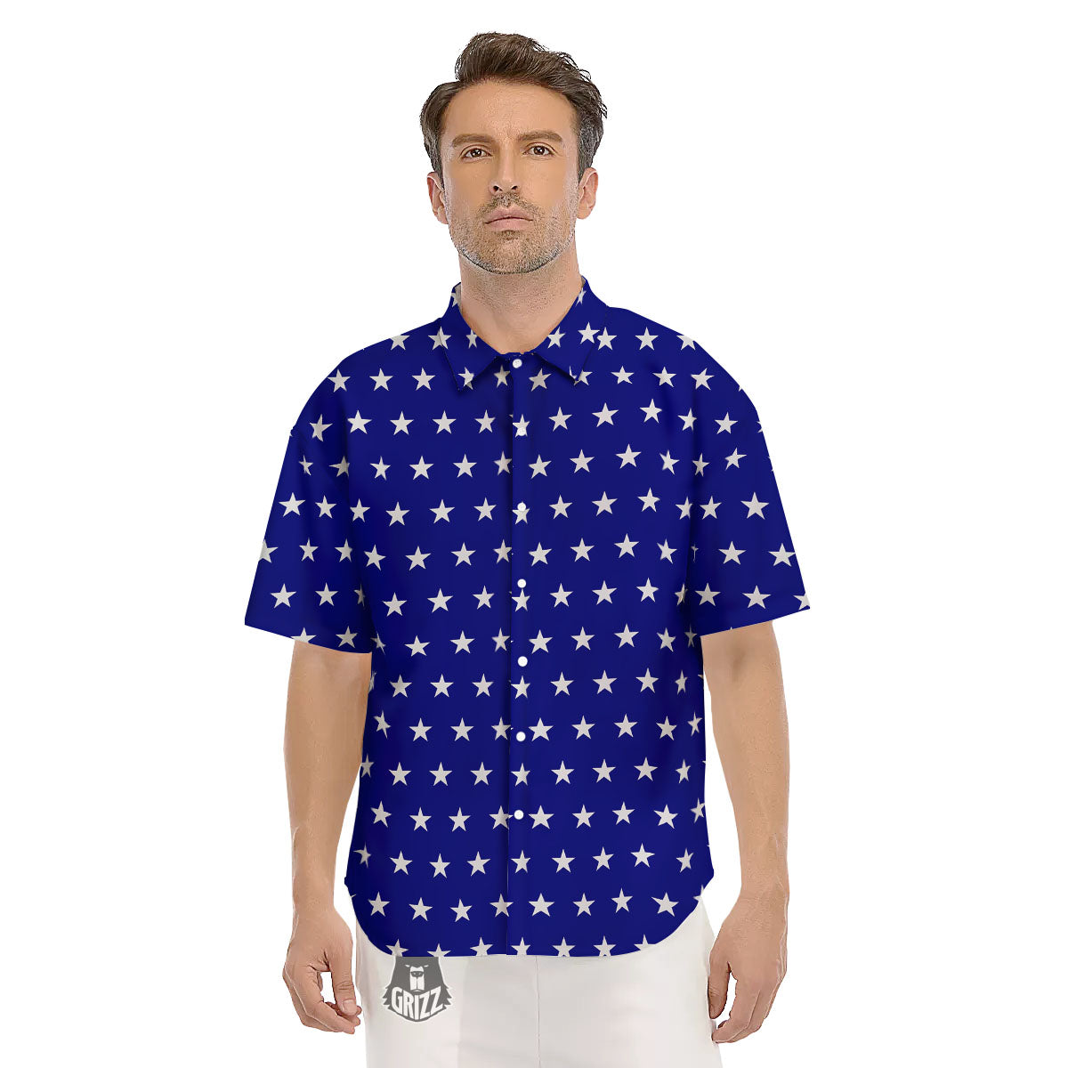 USA Star White And Blue Print Pattern Men's Short Sleeve Shirts-grizzshop