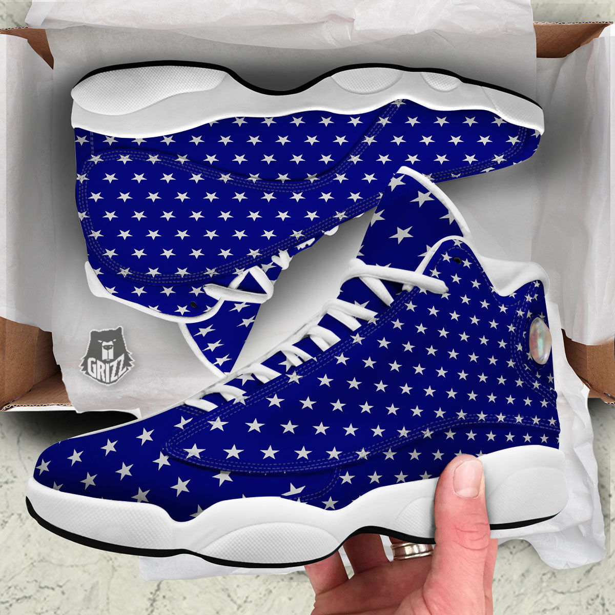 USA Star White And Blue Print Pattern White Basketball Shoes-grizzshop