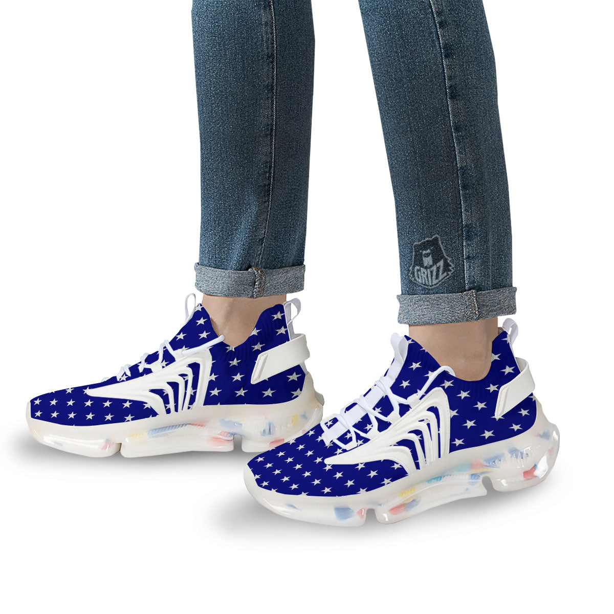 USA Star White And Blue Print Pattern White Gym Shoes-grizzshop