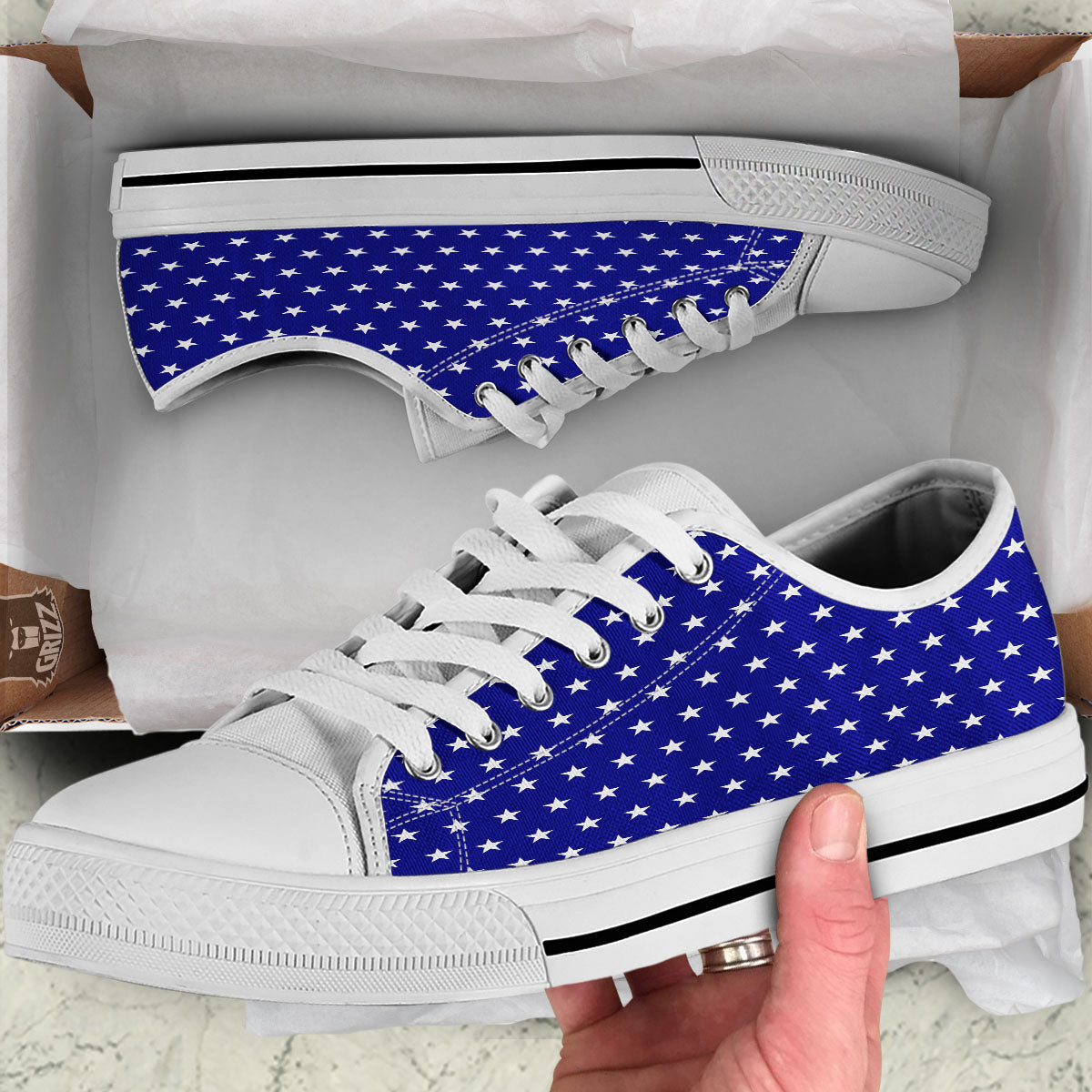 USA Star White And Blue Print Pattern White Low Top Shoes-grizzshop