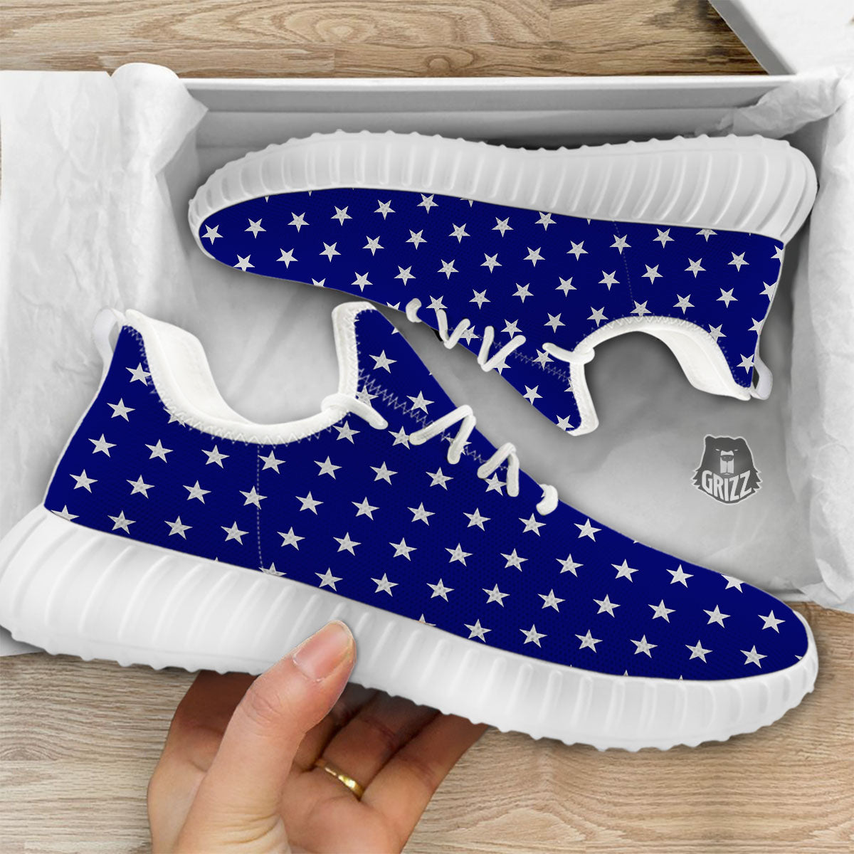 USA Star White And Blue Print Pattern White Walking Shoes-grizzshop