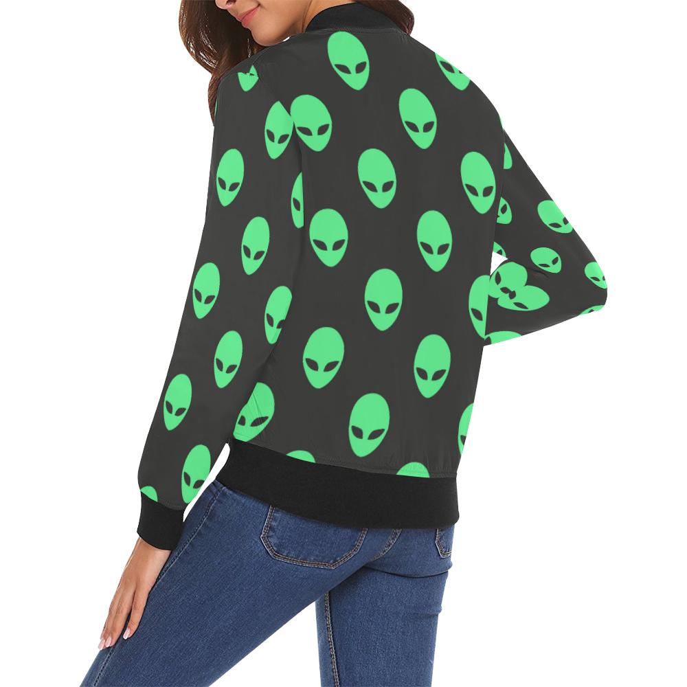 Ufo Alien Pattern Print Women Casual Bomber Jacket-grizzshop