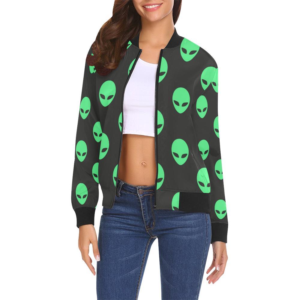 Ufo Alien Pattern Print Women Casual Bomber Jacket-grizzshop