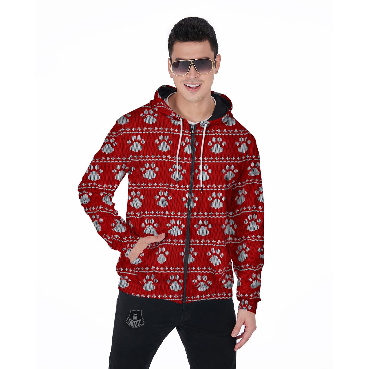Ugly Christmas Paw Men's Zip Up Hoodie-grizzshop