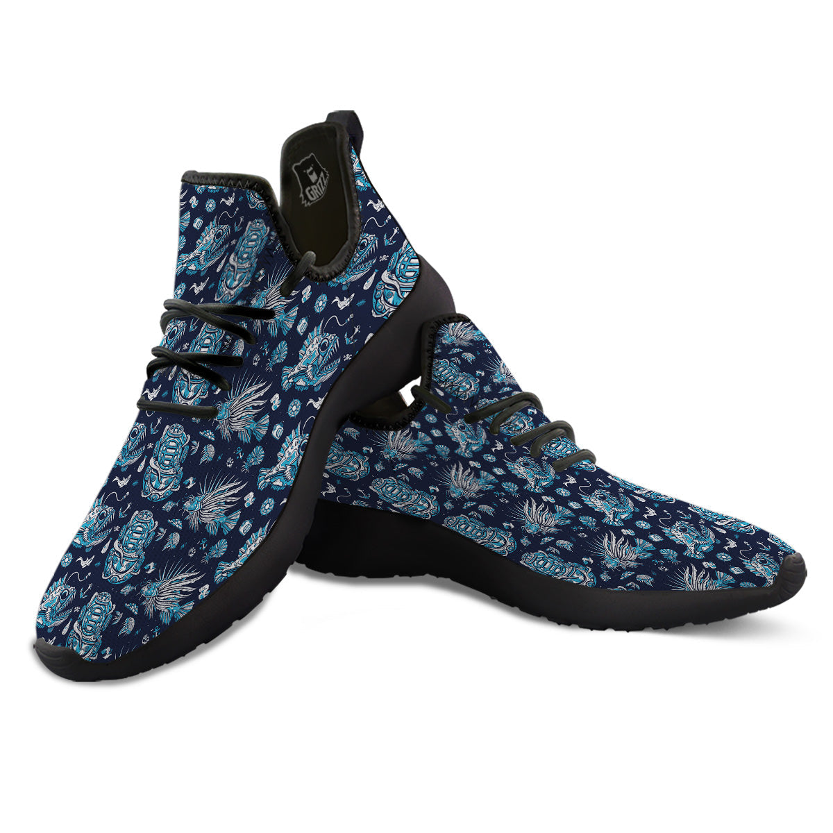 Underwater Blue Tattoo Print Pattern Black Athletic Shoes-grizzshop