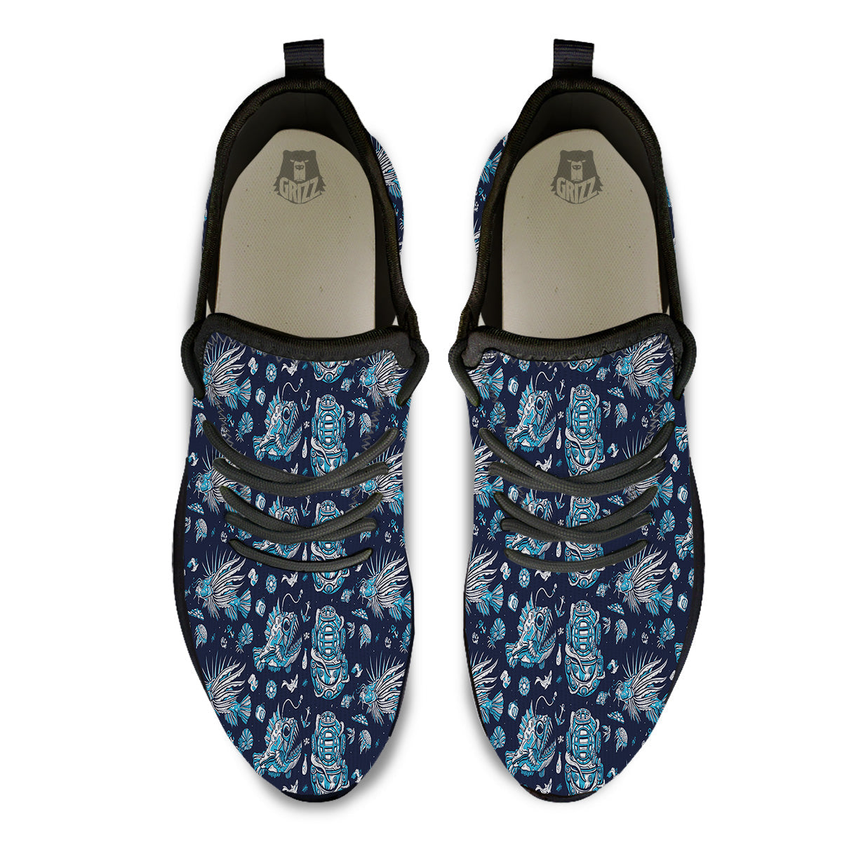 Underwater Blue Tattoo Print Pattern Black Athletic Shoes-grizzshop