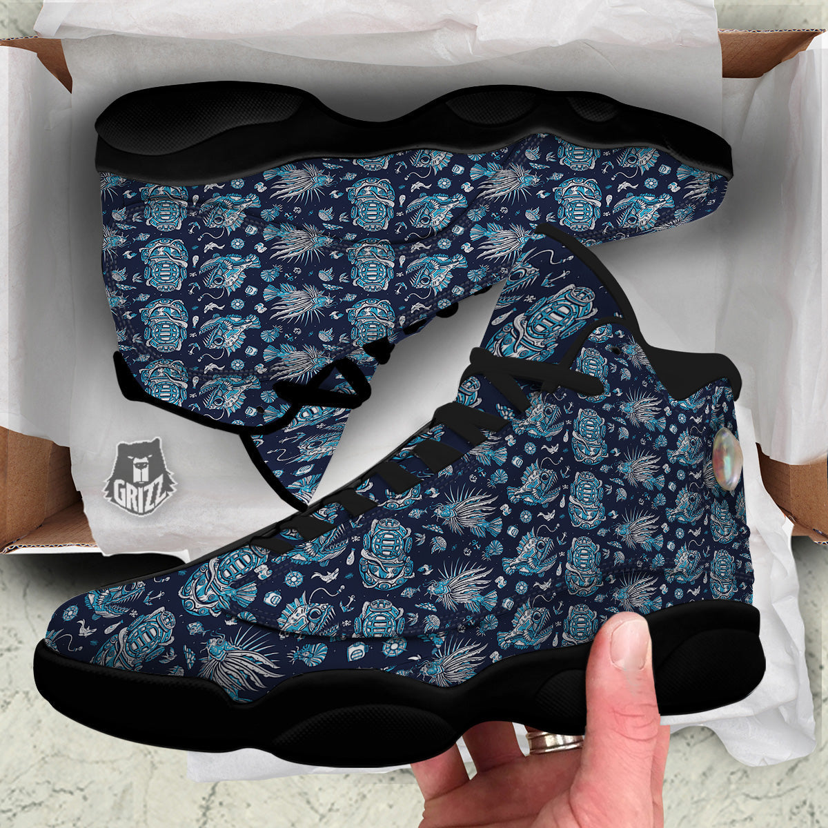 Underwater Blue Tattoo Print Pattern Black Basketball Shoes-grizzshop