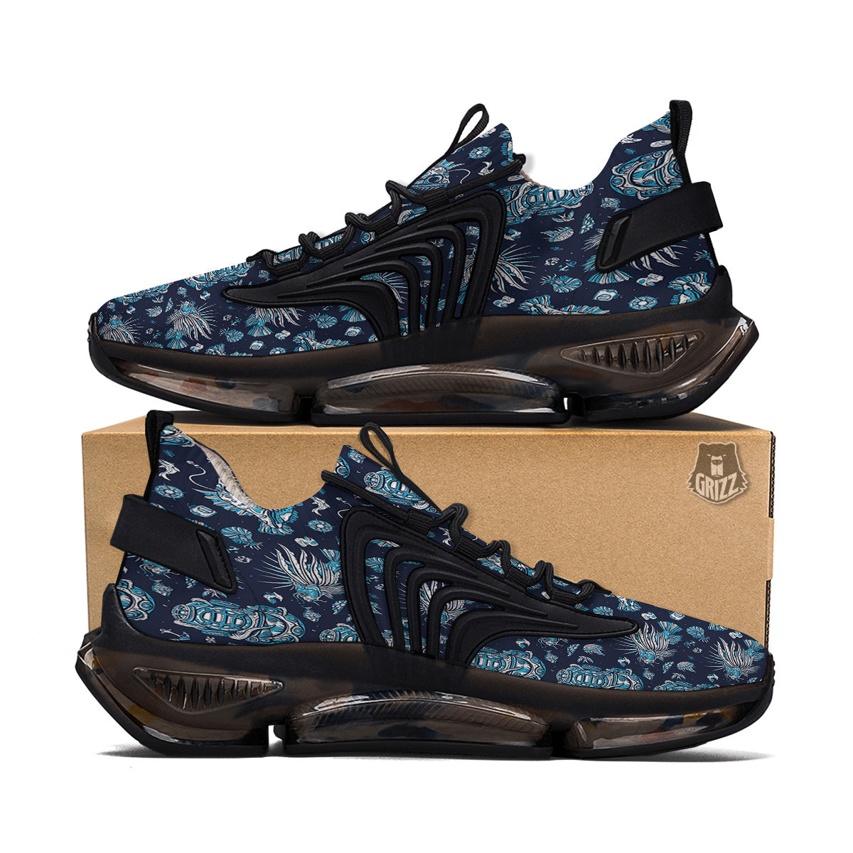 Underwater Blue Tattoo Print Pattern Black Gym Shoes-grizzshop