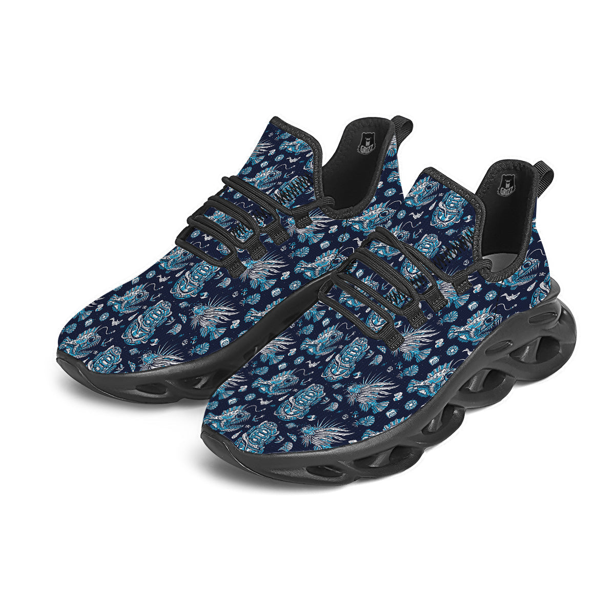 Underwater Blue Tattoo Print Pattern Black Running Shoes-grizzshop
