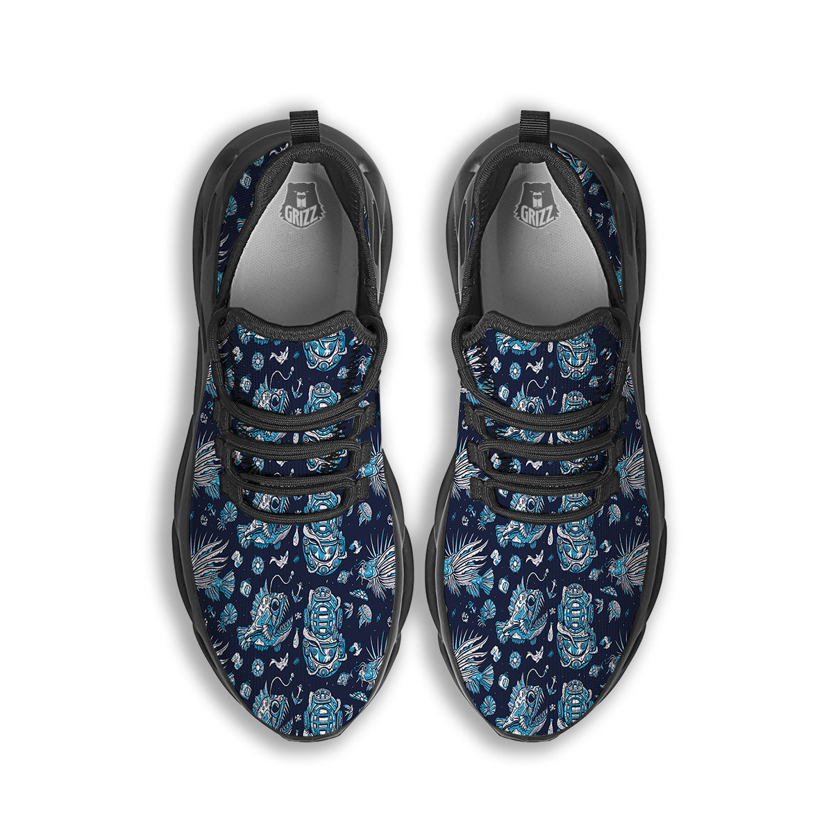Underwater Blue Tattoo Print Pattern Black Running Shoes-grizzshop